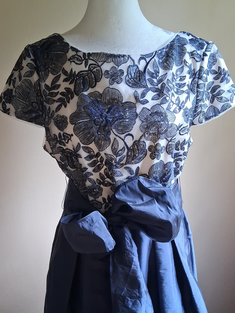Adrianna Papell Navy and White Floral Embroidered Fit-and-Flare Dress